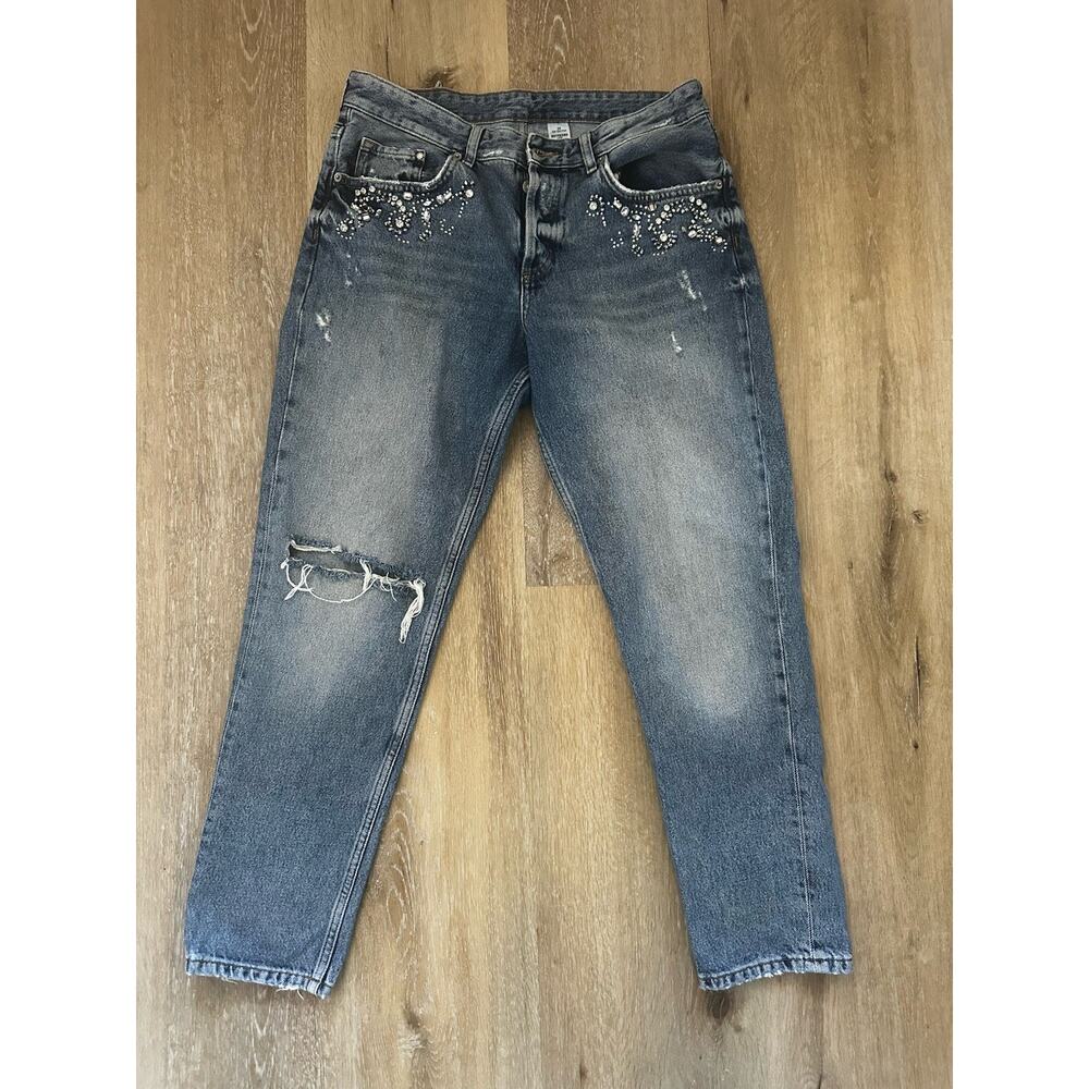 & Denim Low Rise Embellished Jeans Size 29 Y2K‎ Rhinestone Distressed Boyfriend